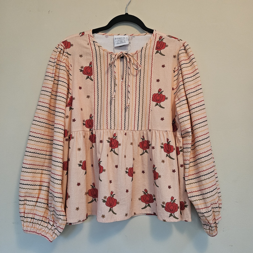 NWT Bohera Babydoll Top Blouse Women Sz M Bishop Sleeves Floral Cottagecore